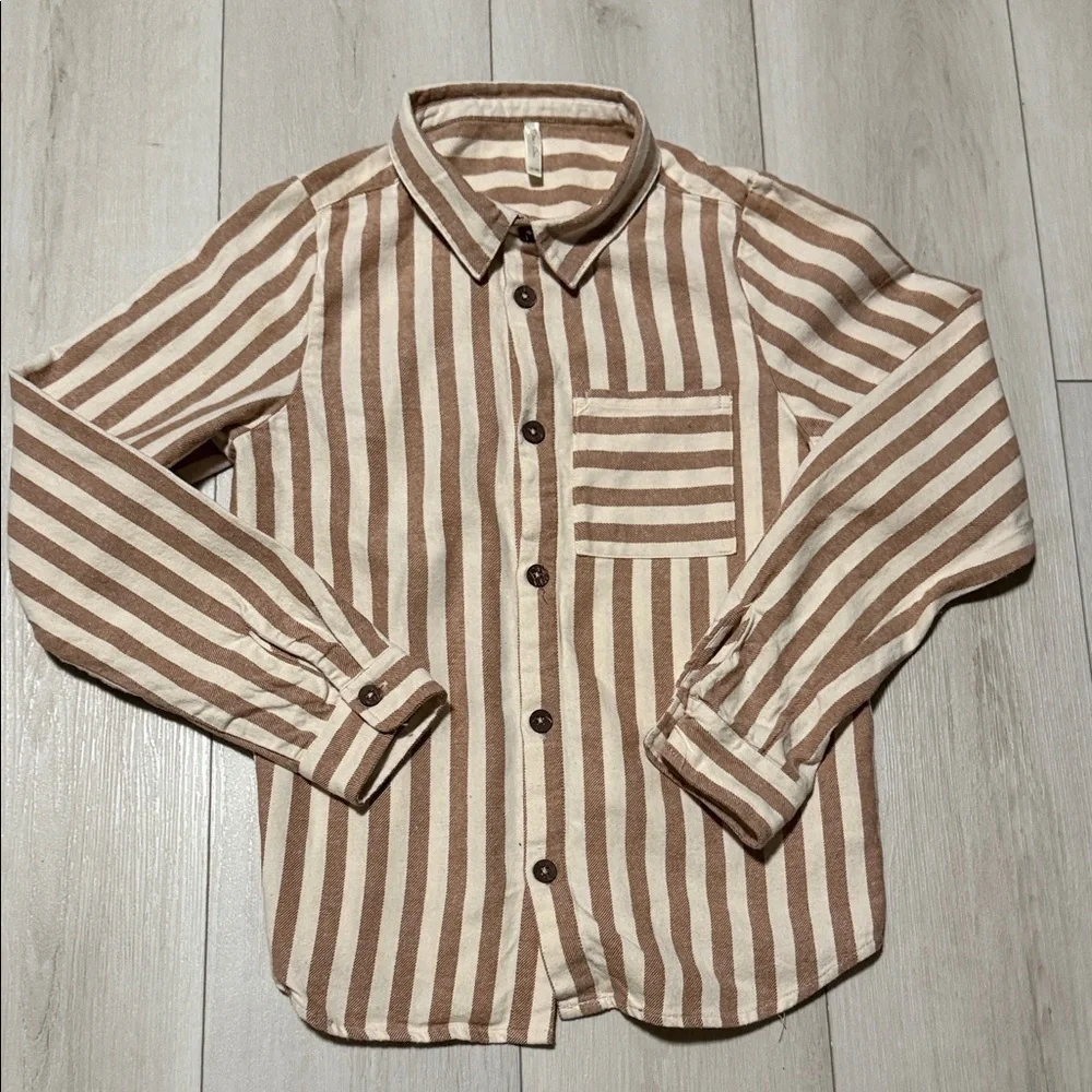 Rylee & Cru Striped Brown & Cream Boys Button-Up Shirt Long Sleeve size 12-14y